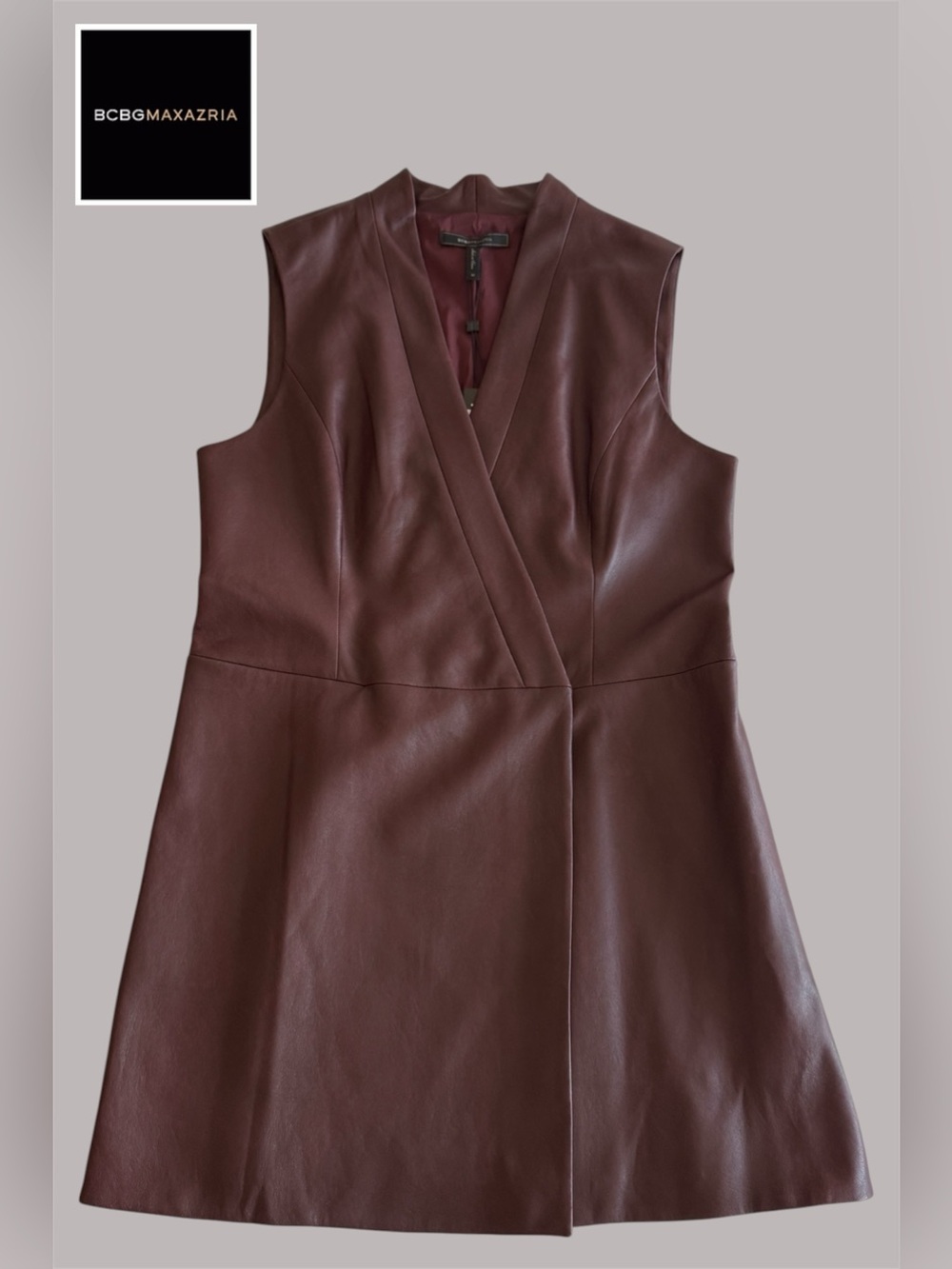 BCBGMAXAZRIA - Short Faux Leather Wrap Dress in BORDEAUX - Picture 5 of 11